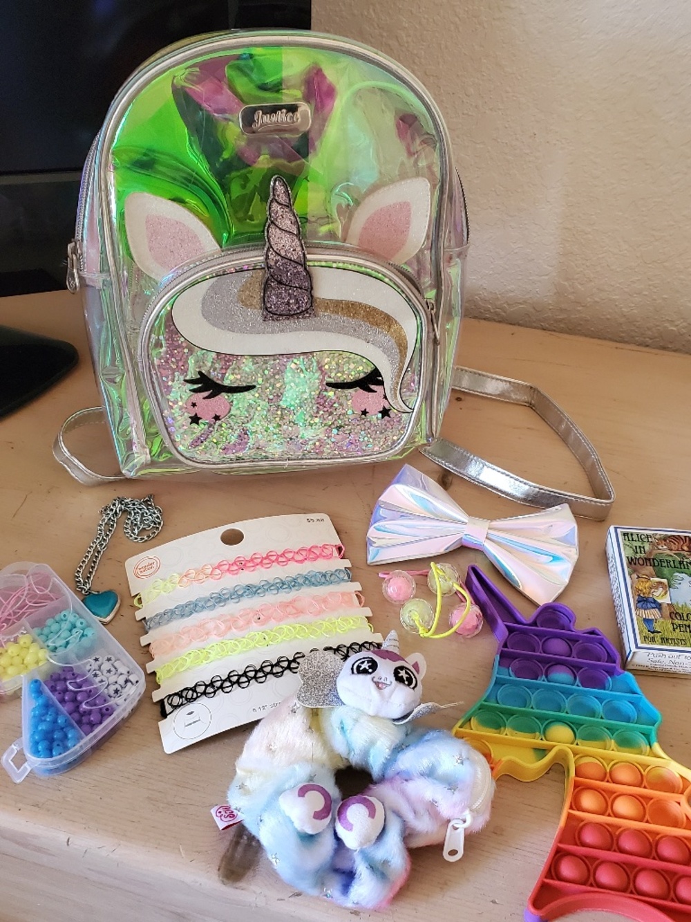 JUSTICE Iridescent Clear Backpack Unicorn Wrist Zip Pouch Choker LOTS of Extras